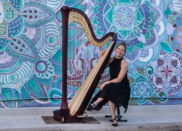 UNT Professor of Harp Studies Jaymee Haefner has environmental portraits taken for her feature on the cover of Harp Column Magazine at the Dallas Arboretum on July 12, 2023. Photography by Matt Hellman